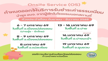 กองคลัง อบจ.แม่ฮ่องสอน  ประชาสัมพันธ์กำหนดการออกให้บริการรับชำระค่าธรรมเนียมบำรุง อบจ. จากผู้พักในโรงแรมนอกสถานที่ ตามโครงการ Onsite Service (OS) พร้อมทั้งให้คำแนะนำผู้ประกอบการรายใหม่ และติดตามเร่งรัดผู้ประกอบการที่ค้างชำระค่าธรรมเนียมฯ ซึ่งจะดำเนินการจั