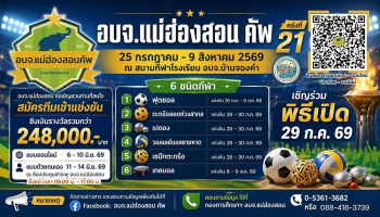 เชิญร่วมสมัครแข่งขันกีฬา อบจ.แม่ฮ่องสอน คัพ ครั้งที่ 21 ชิงเงินรางวัลรวมกว่า 248,000 บาท ทั้งนี้ ท่านที่สนใจสามารถอ่านรายละเอียดเพิ่มเติมได้ตามเพจที่แนบไว้